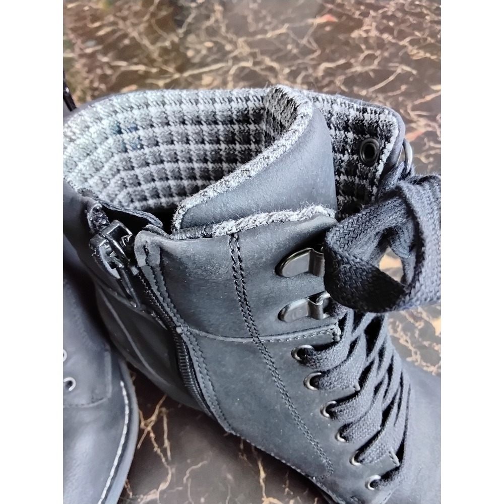 Crown Vintage Womens Black Combat Ankle Boots Plaid Trim Block‎ Heel 6M NWOT - Picture 3 of 7
